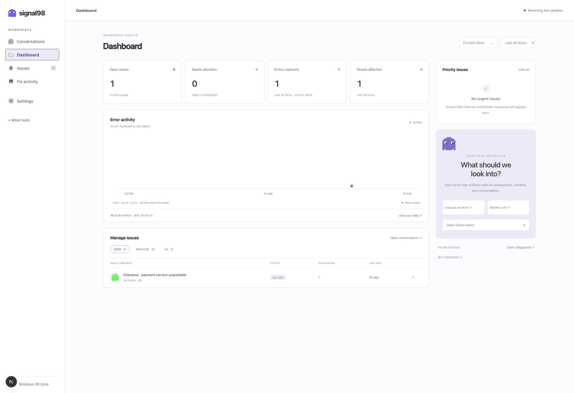 Signal98 demo dashboard showing error activity, affected users, issue priorities, and Ghost investigation tools